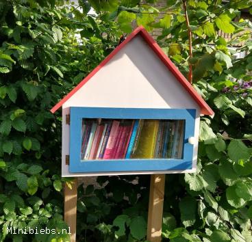 Vrolijke rood-wit-blauwe zwerfboekenkast in Oog in Al met vooral kinderboeken.