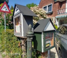 Een minibieb voor volwassenen en een minibieb voor kinderen naast elkaar in Baarn. minibieb Nieuw Baarnstraat.